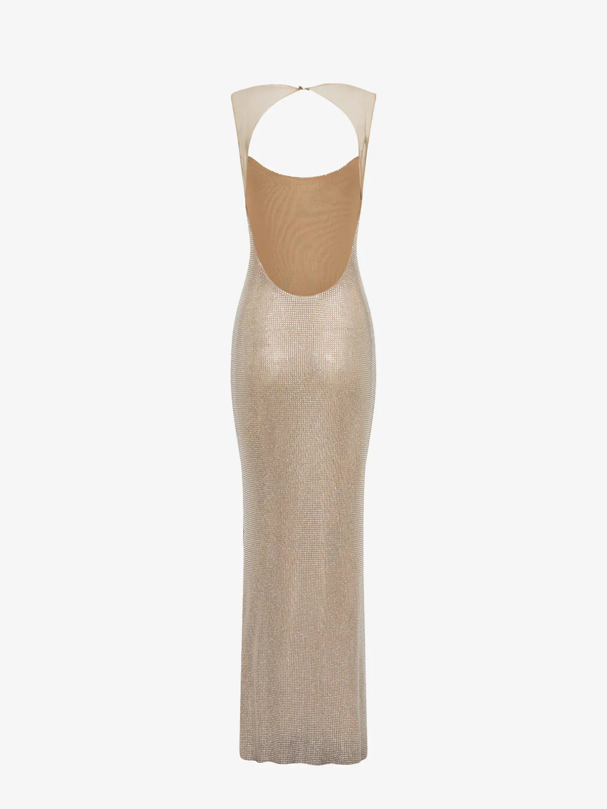 Back view of a gold Caroline Sequin Maxi Dress with an open back and sheer upper panel detail