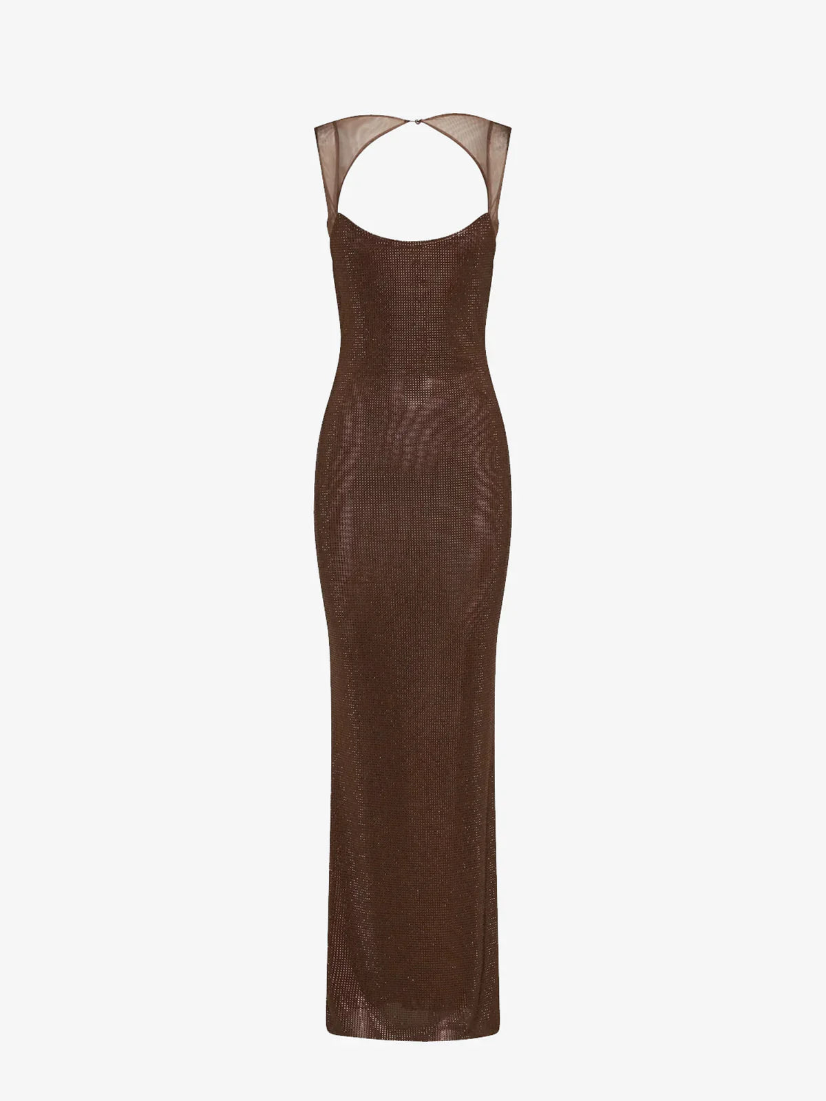 Front view of a brown Caroline Sequin Maxi Dress with a straight neckline and form-fitting silhouette