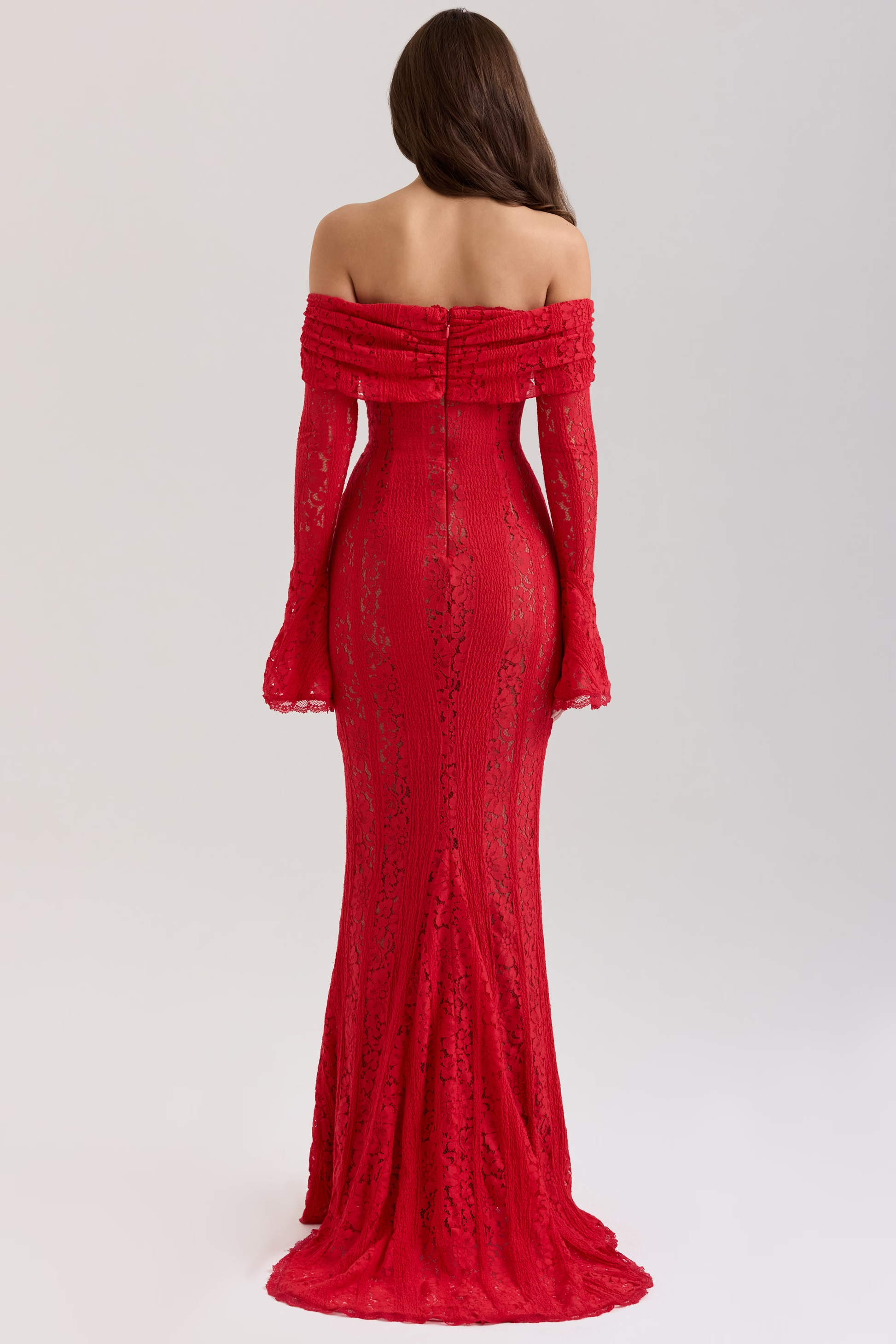 Rear view of the red lace off-shoulder maxi dress with long sleeves and bodycon fit for women