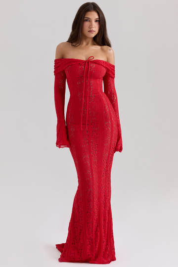 Red lace off-shoulder maxi dress with long sleeves and tie detail for women