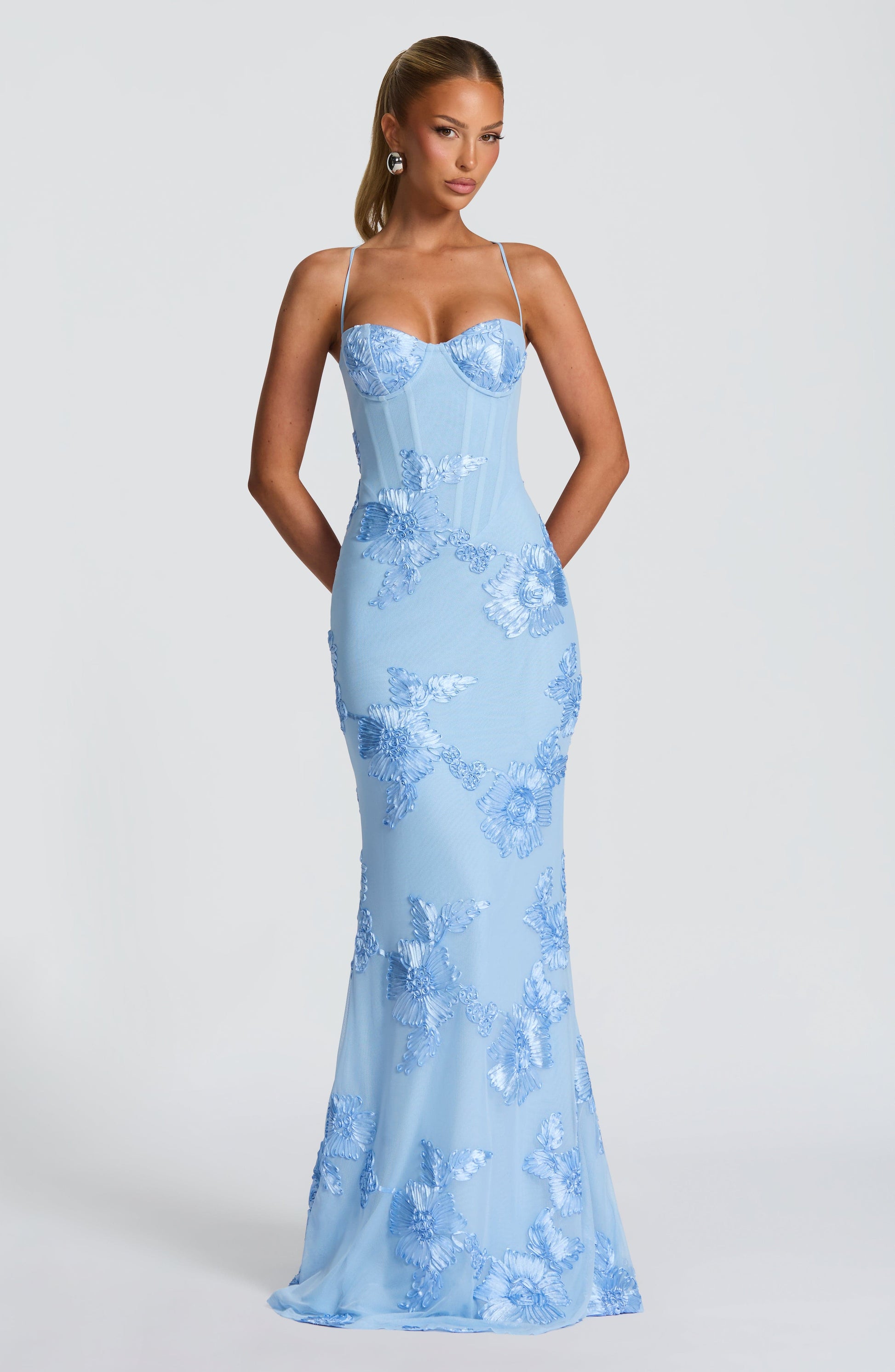 Front view of a light blue floral maxi dress with a structured corset bodice and delicate straps, featuring light blue embroidered flowers throughout the gown.