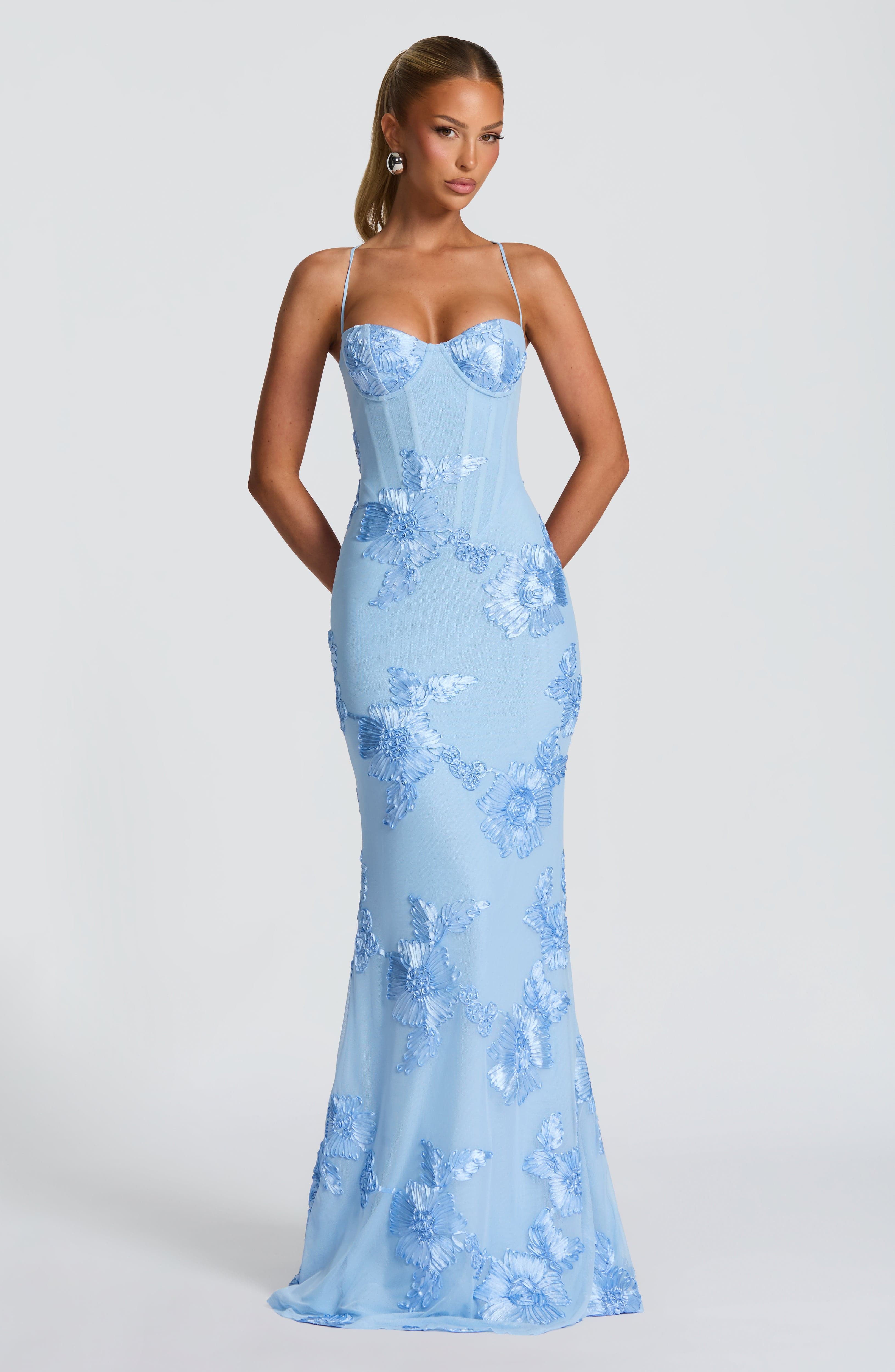 Front view of a light blue floral maxi dress with a structured corset bodice and delicate straps, featuring light blue embroidered flowers throughout the gown.