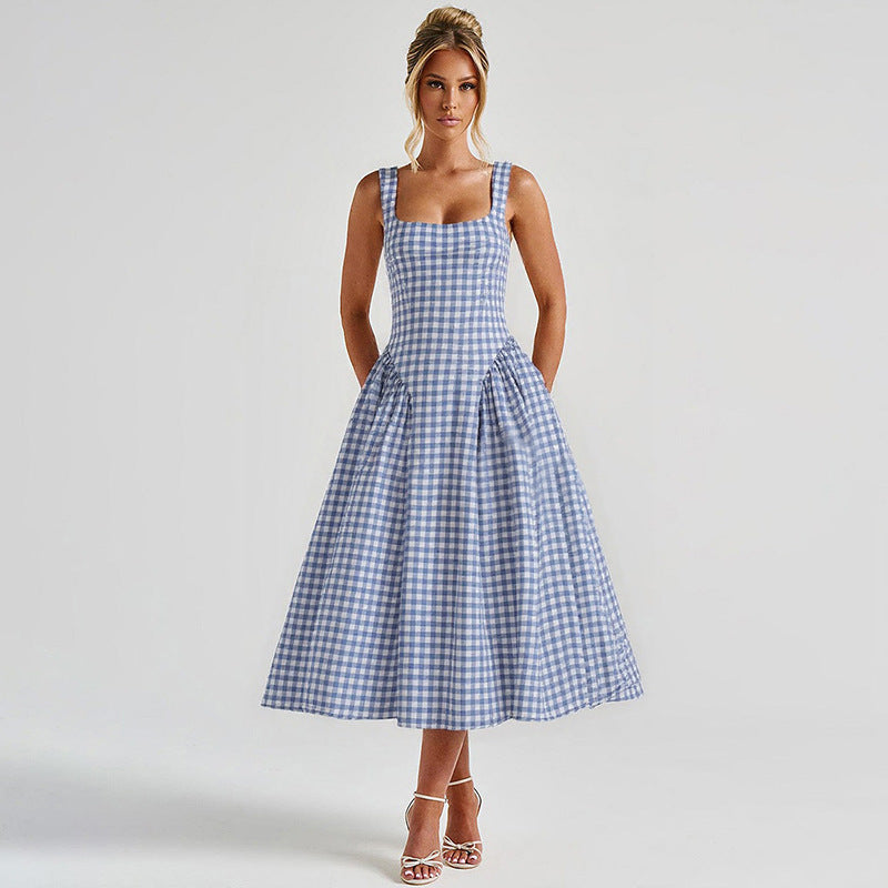 Front view of a blue gingham midi dress with a structured bodice and a flowing A-line skirt, suitable as a dress suit for women.
