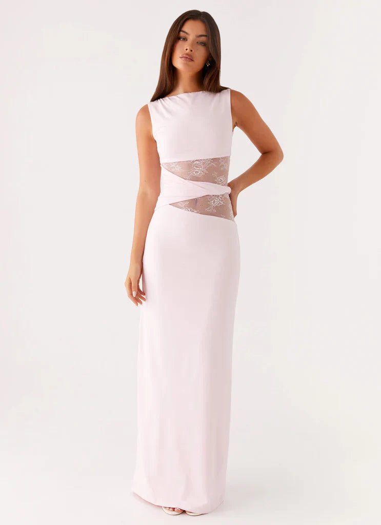 Full length light pink Clarisse lace maxi dress with sleeveless design and sheer lace midriff