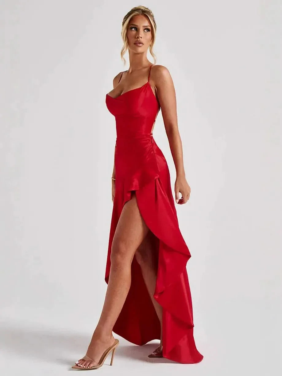 Red Daisy Ruffle Maxi Dress with spaghetti straps, cowl neck, and high-low ruffled hem, front view.