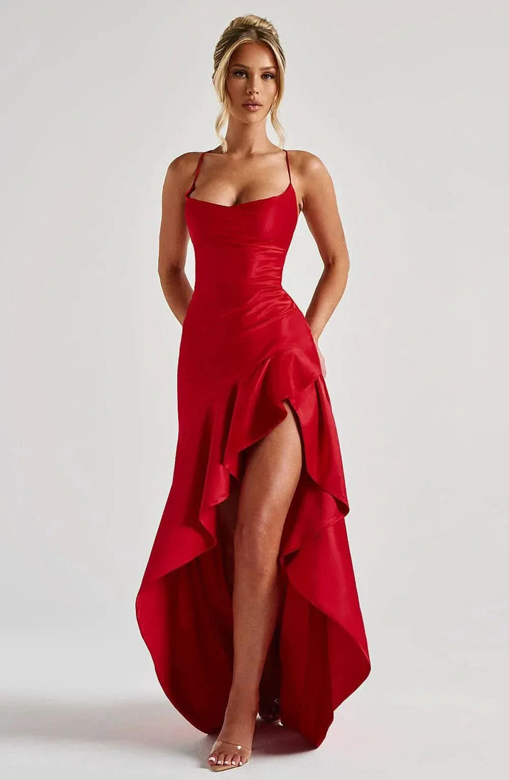 Red Daisy Ruffle Maxi Dress with spaghetti straps, cowl neck, and high-low ruffled hem, front view.