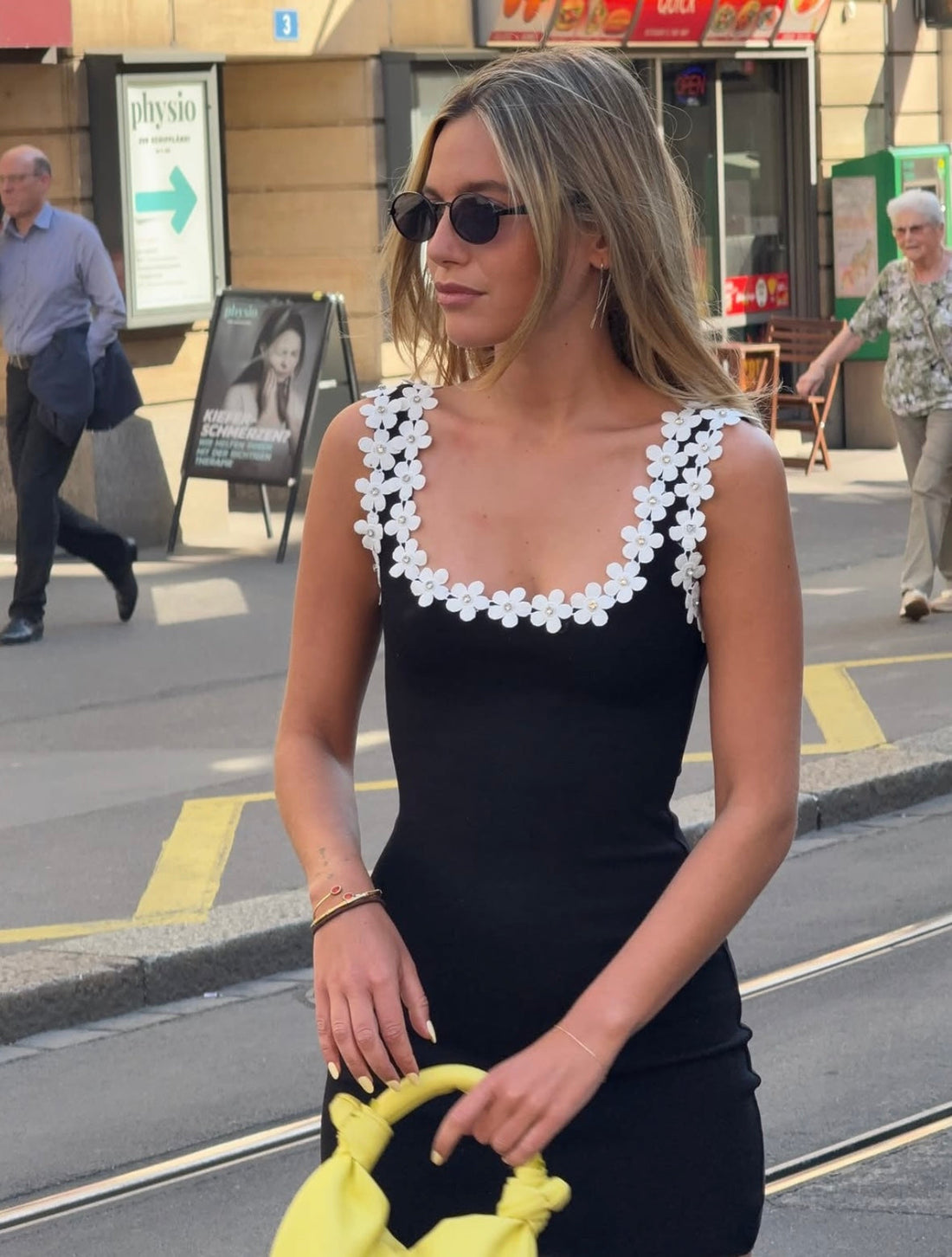 Black floral square neck mini dress with white 3D appliqués for women, side view