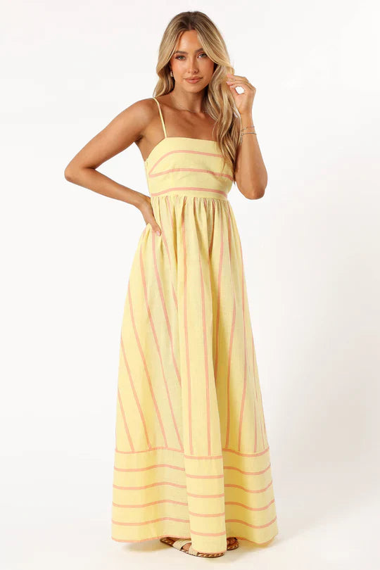 Yellow striped maxi dress with smocked back detail — back view highlighting design texture