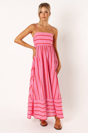 Pink striped maxi dress with spaghetti straps — front view showing flowing silhouette