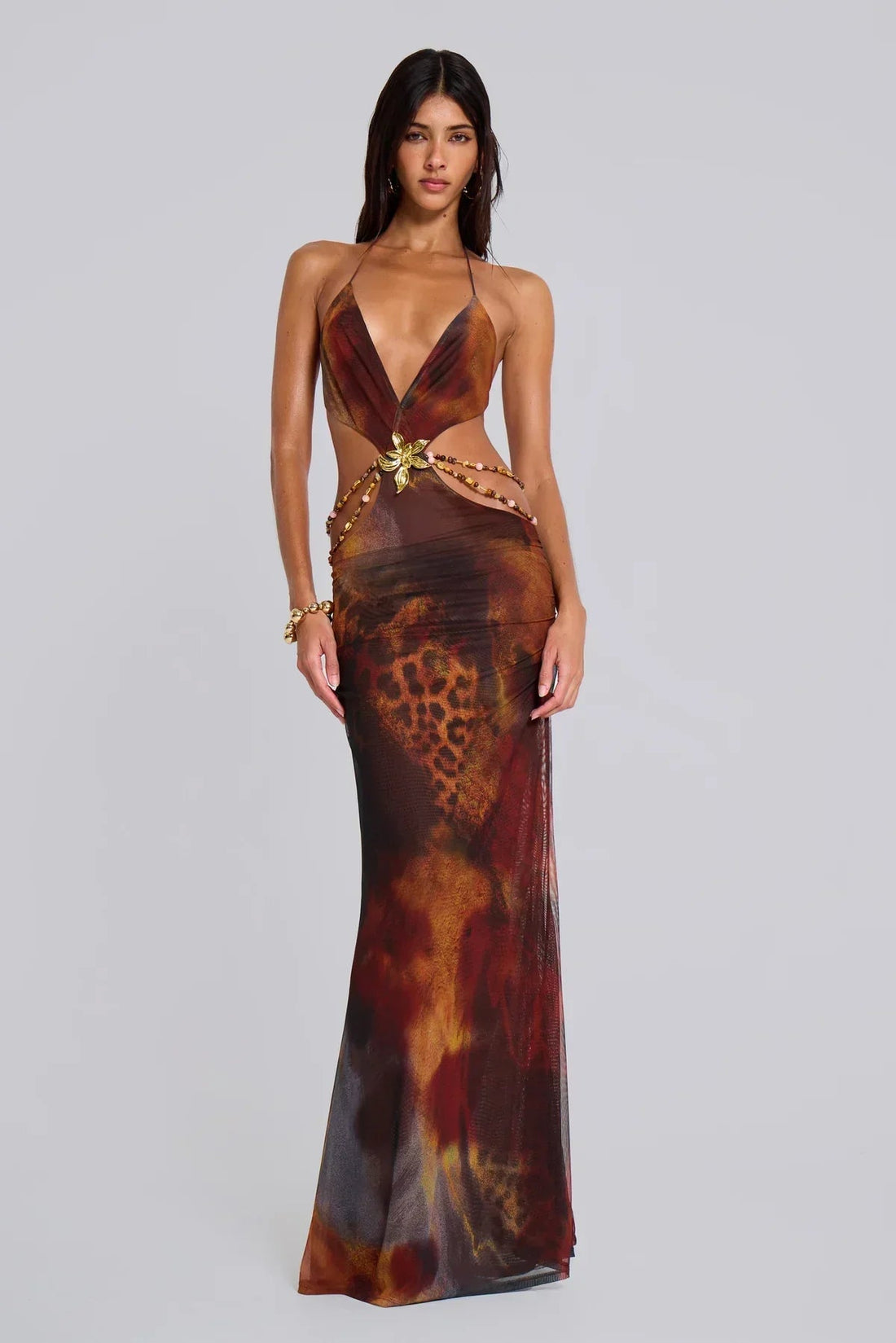 Brown and red abstract animal print maxi dress with deep v-neck and waist cutouts for women