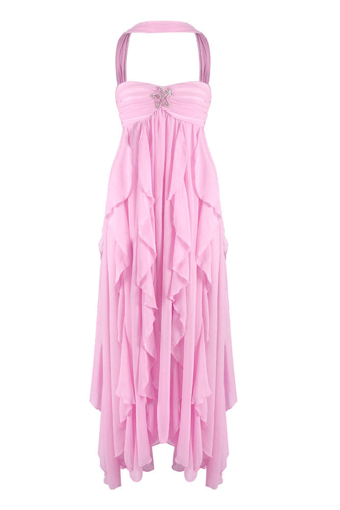 Elaina pink ruched maxi dress with halter neckline, jeweled star accent, and layered ruffle skirt