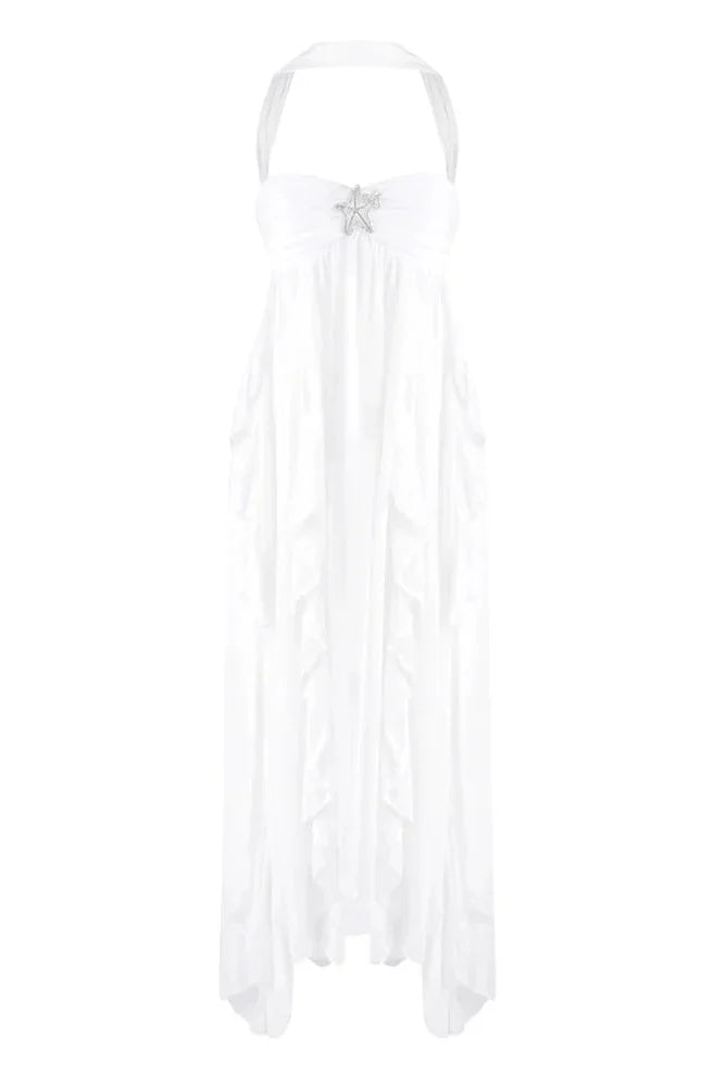Elaina white ruched maxi dress with halter neck, star embellishment, and elegant tiered ruffles