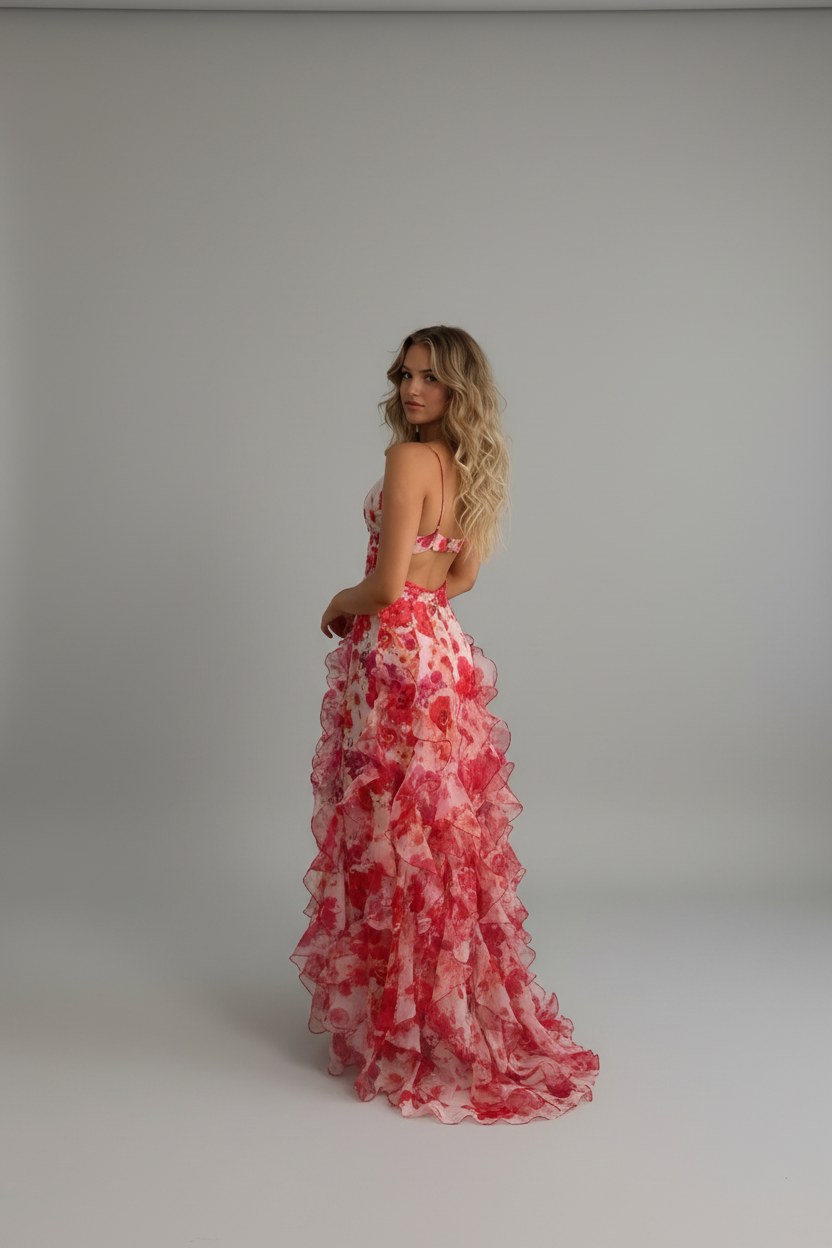 Front view of a white maxi dress with red and pink floral print and tiered ruffles