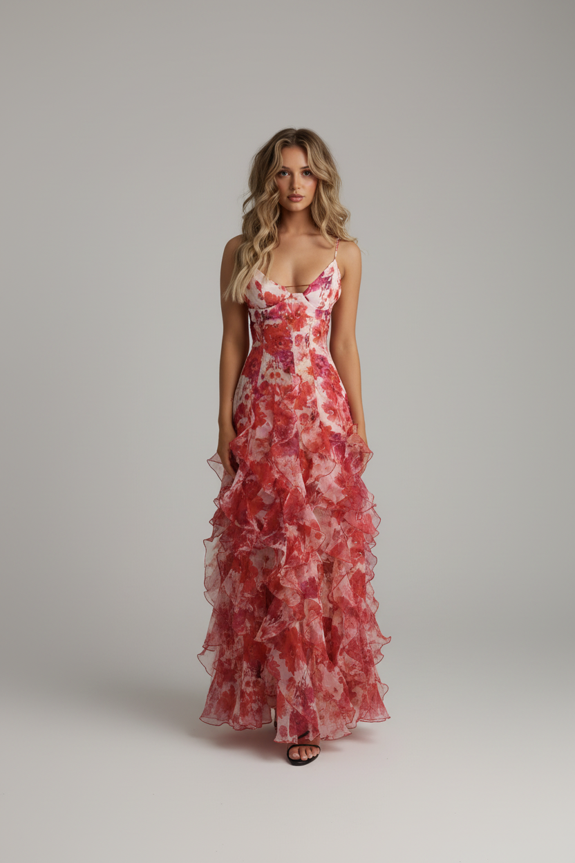 Front view of a white maxi dress with red and pink floral print and tiered ruffles