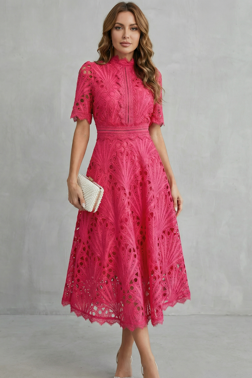 Women's midi dress with lace fabric