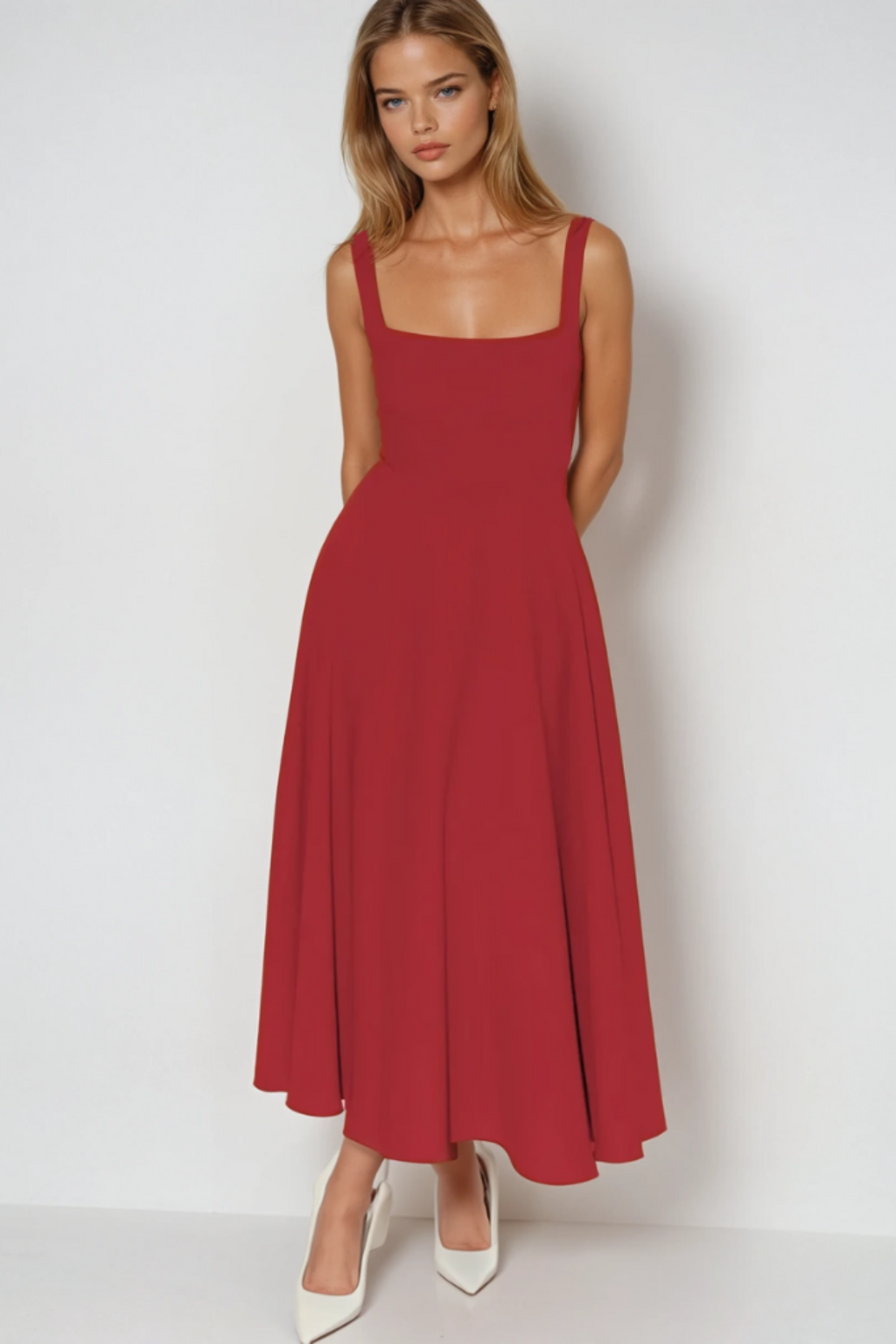 Front view of an A-line midi dress in a rich red color, featuring a square neckline and wide straps.
