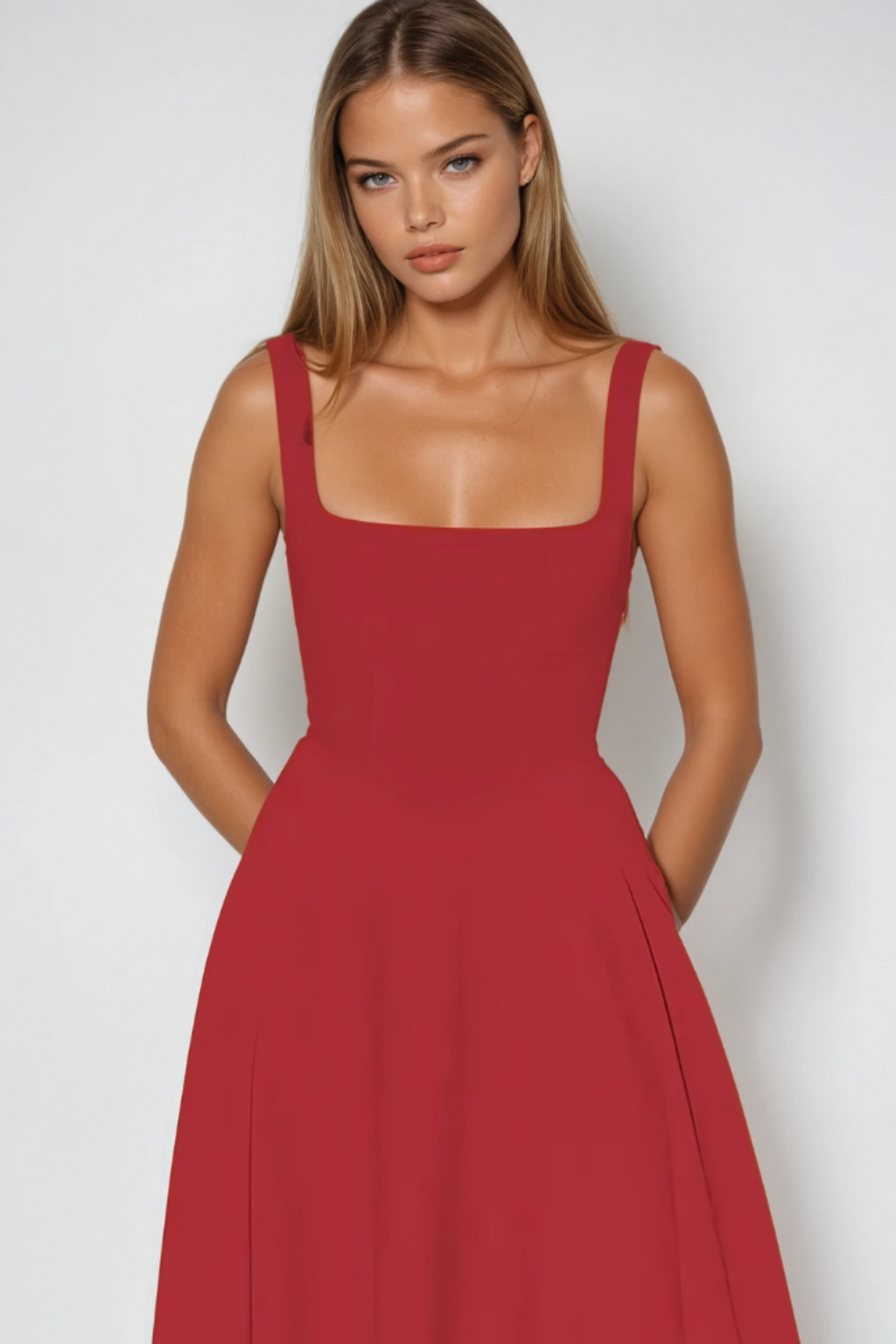 Close-up of the Eliza A-line midi dress in a vibrant red, highlighting the square neckline and structured bodice.