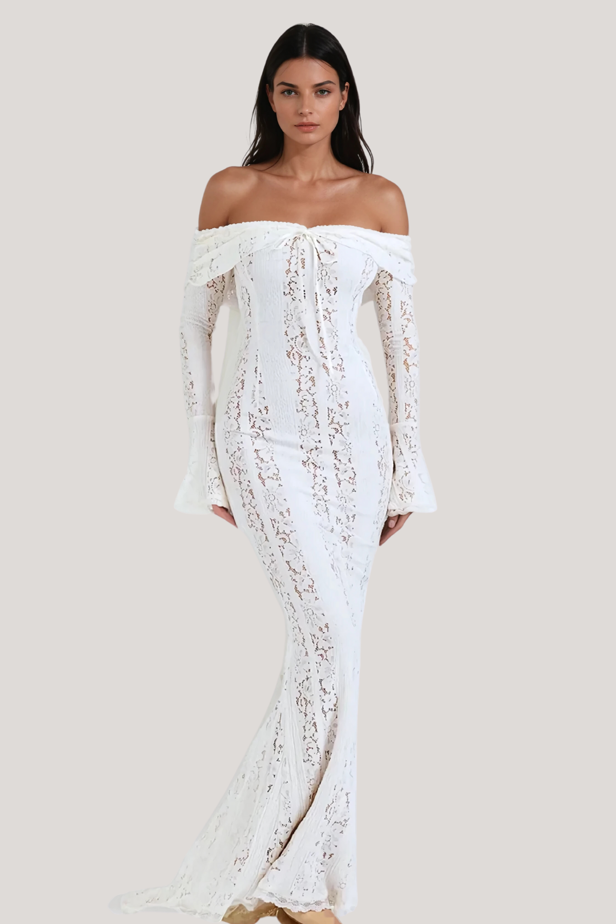Elegant white lace maxi dress with off-the-shoulder design, long sleeves, and a subtle train, perfect for a wedding.