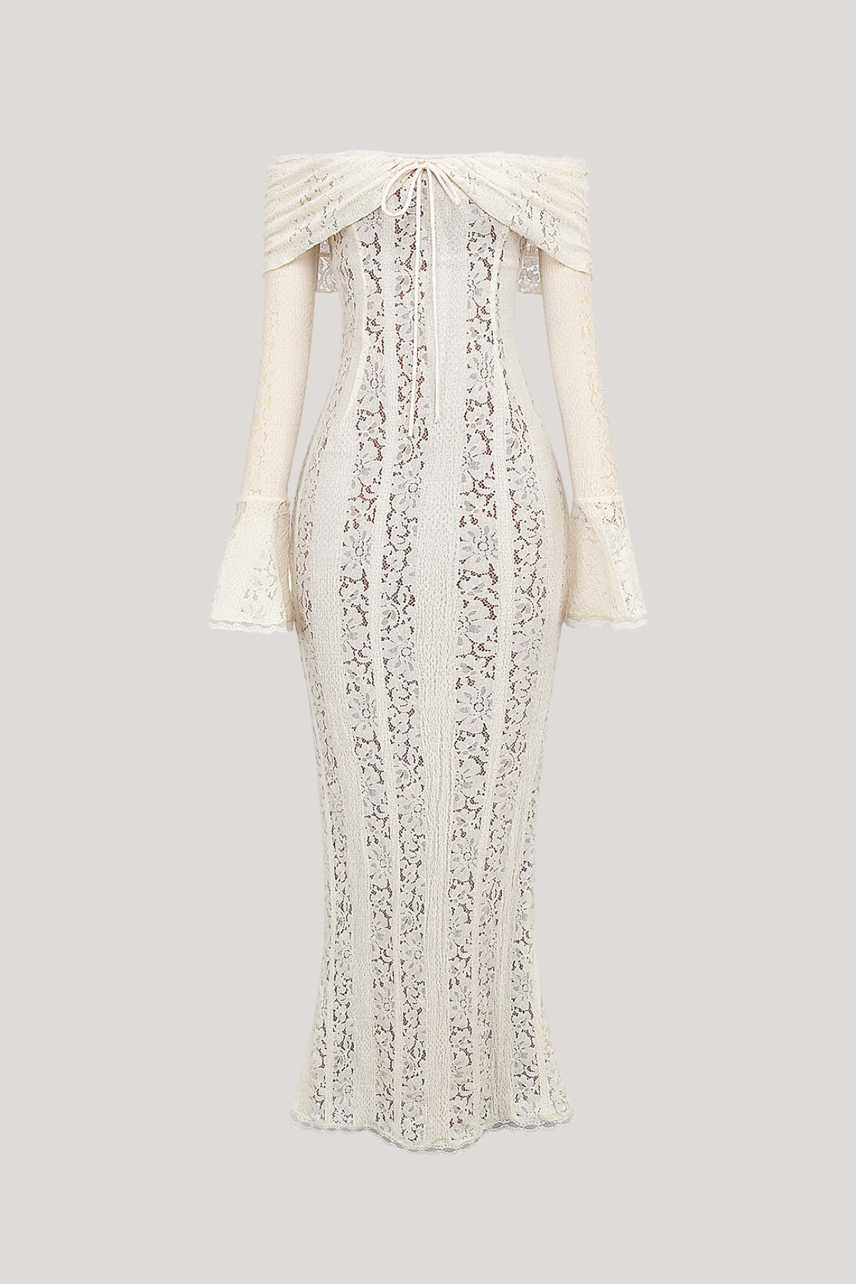 Detailed flat lay of the white lace maxi dress, highlighting the intricate lace pattern, off-the-shoulder ruffles, and bell sleeves.