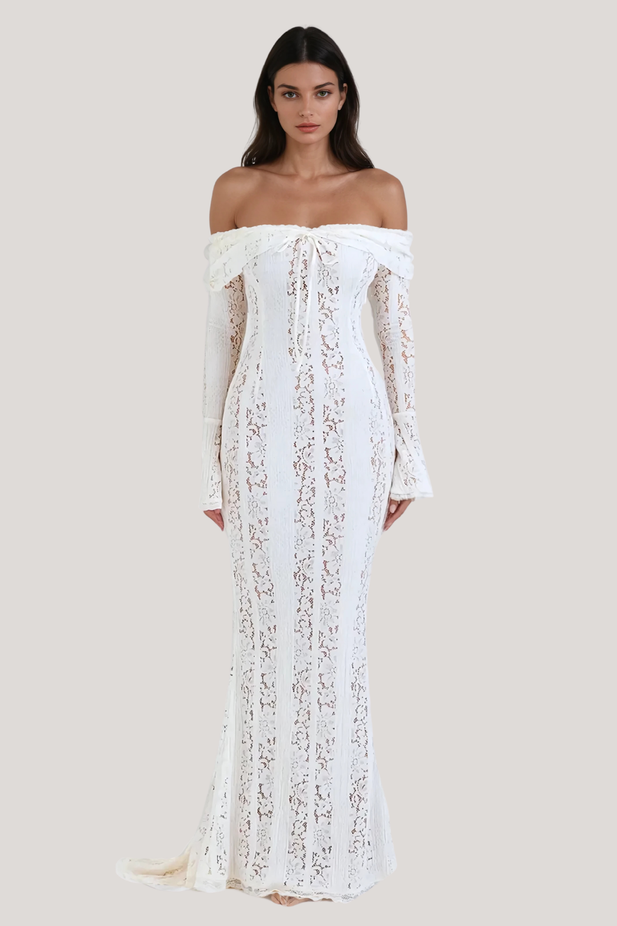 Full-length white lace maxi dress with off-the-shoulder neckline and long bell sleeves, featuring a fitted silhouette.