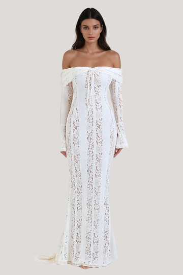 Full-length white lace maxi dress with off-the-shoulder neckline and long bell sleeves, featuring a fitted silhouette.