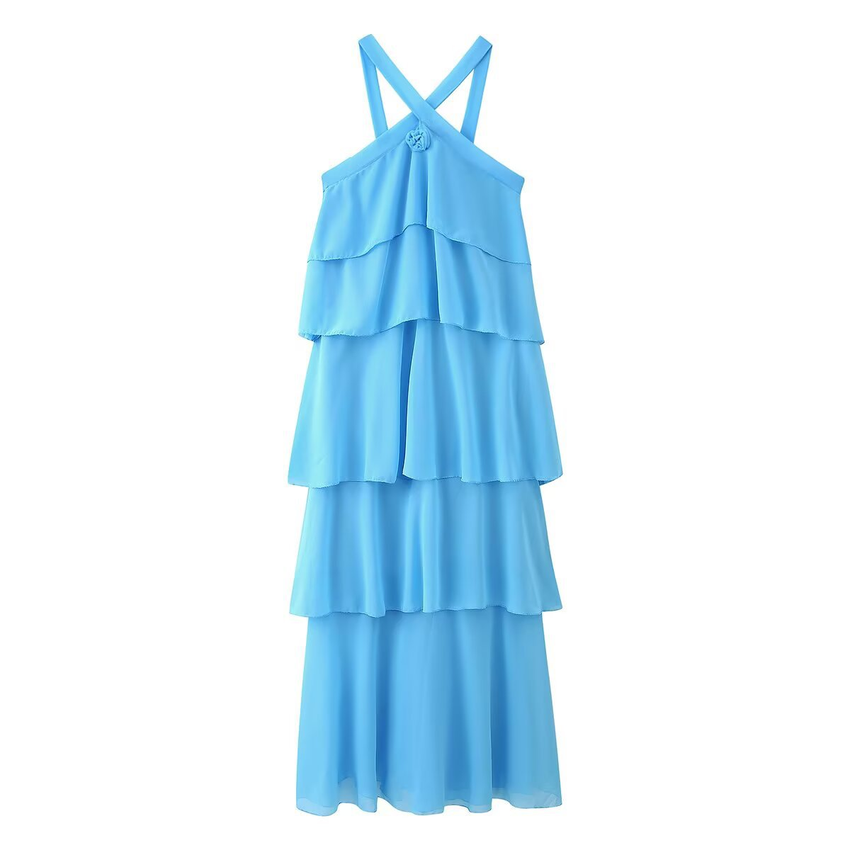 Front view of a light blue Eloise ruffle maxi dress, showcasing the halter neckline and tiered skirt design.