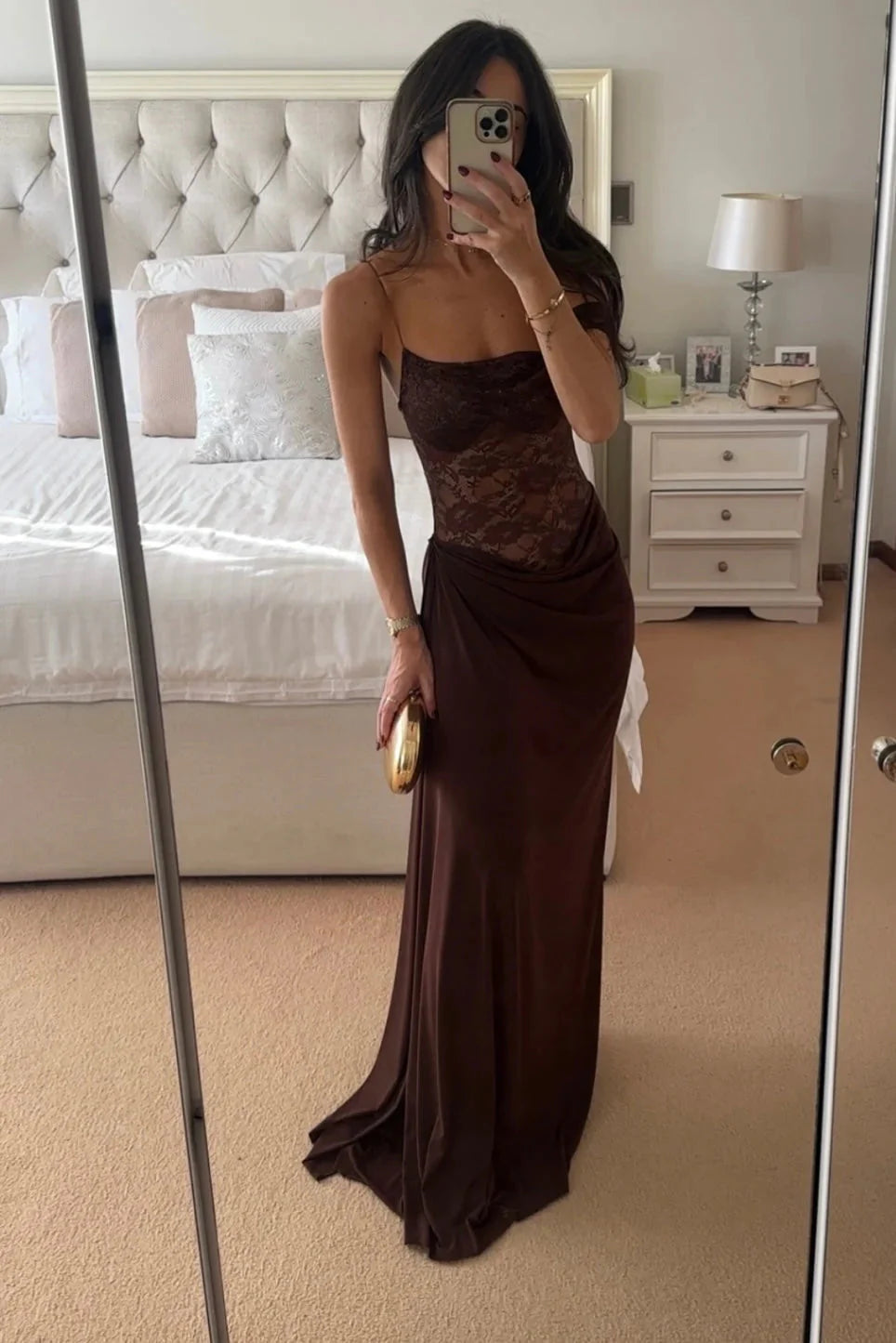 Front view of Emmalyn Lace Maxi Dress in dark brown, showing delicate spaghetti straps and an elegant lace off-shoulder detail.