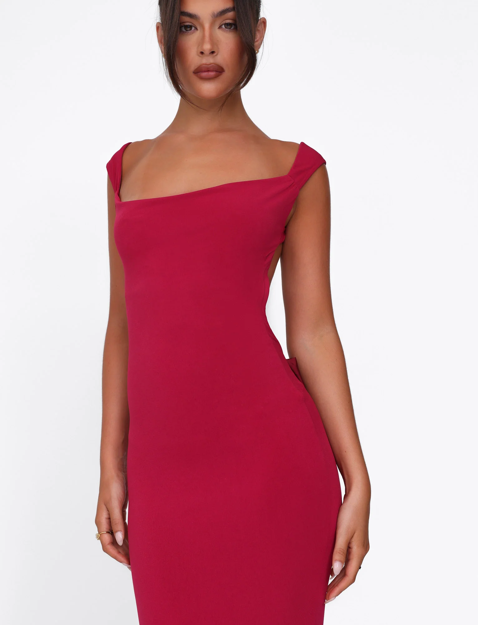 Close-up front view of the deep red Emmie Bow Maxi Dress, focusing on the cowl neckline and fitted bodice.