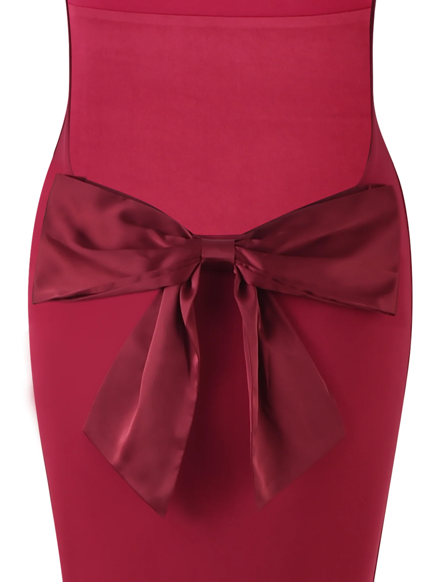 Detailed close-up of the large satin bow on the lower back of the deep red Emmie Bow Maxi Dress.