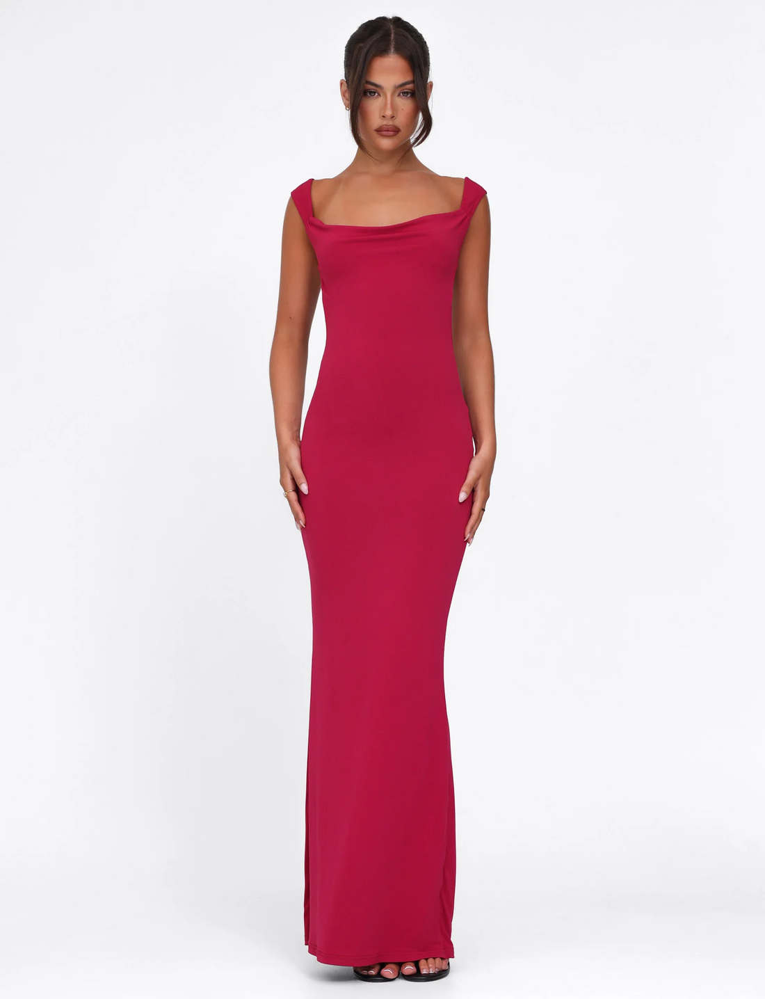 Full-length view of a deep red maxi dress with a cowl neck and off-shoulder straps, featuring a fitted silhouette.