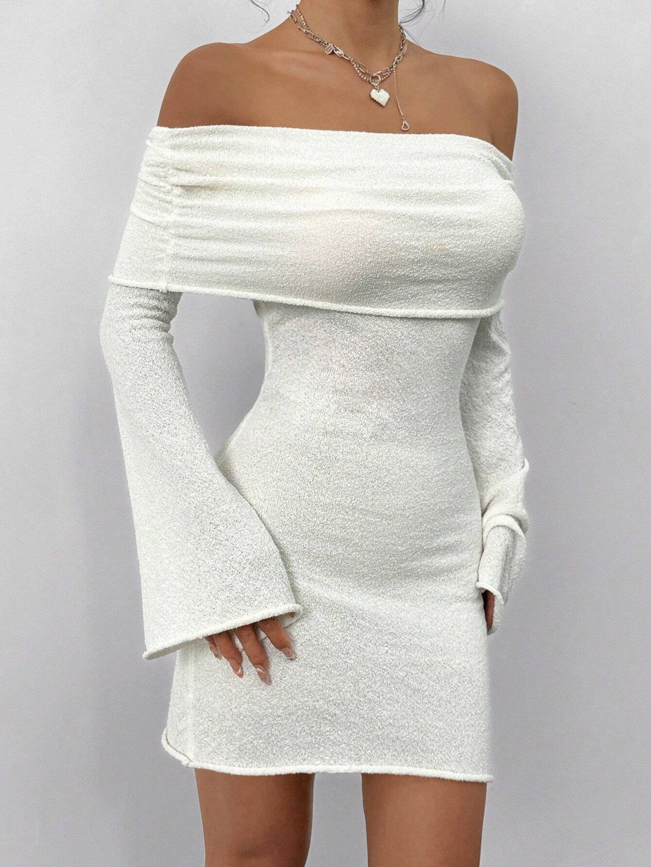 Close-up front view of white bodycon mini dress with off-shoulder and bell sleeves for women