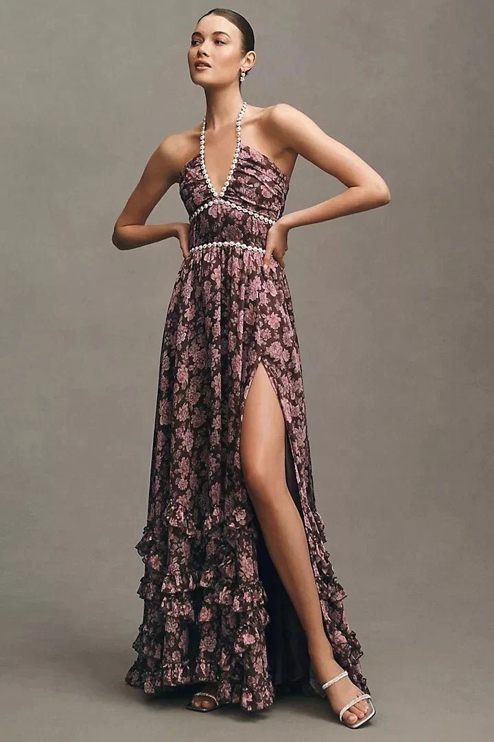 Brown floral tiered maxi dress with pearl trim, high slit, and ruffled skirt details for a wedding dress.