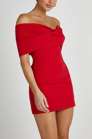 Red Freya Bow Mini Dress, off-the-shoulder style with a large bow detail across the bust.