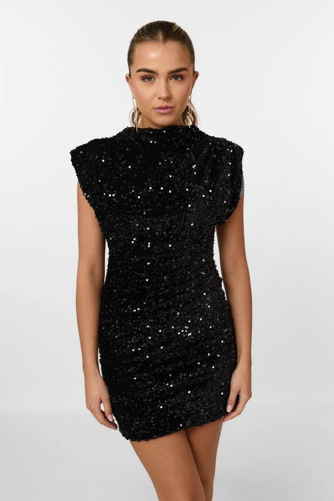 Frontal close-up of a black sequin mini dress, featuring a mock neck and cap sleeves, highlighting the sparkle.
