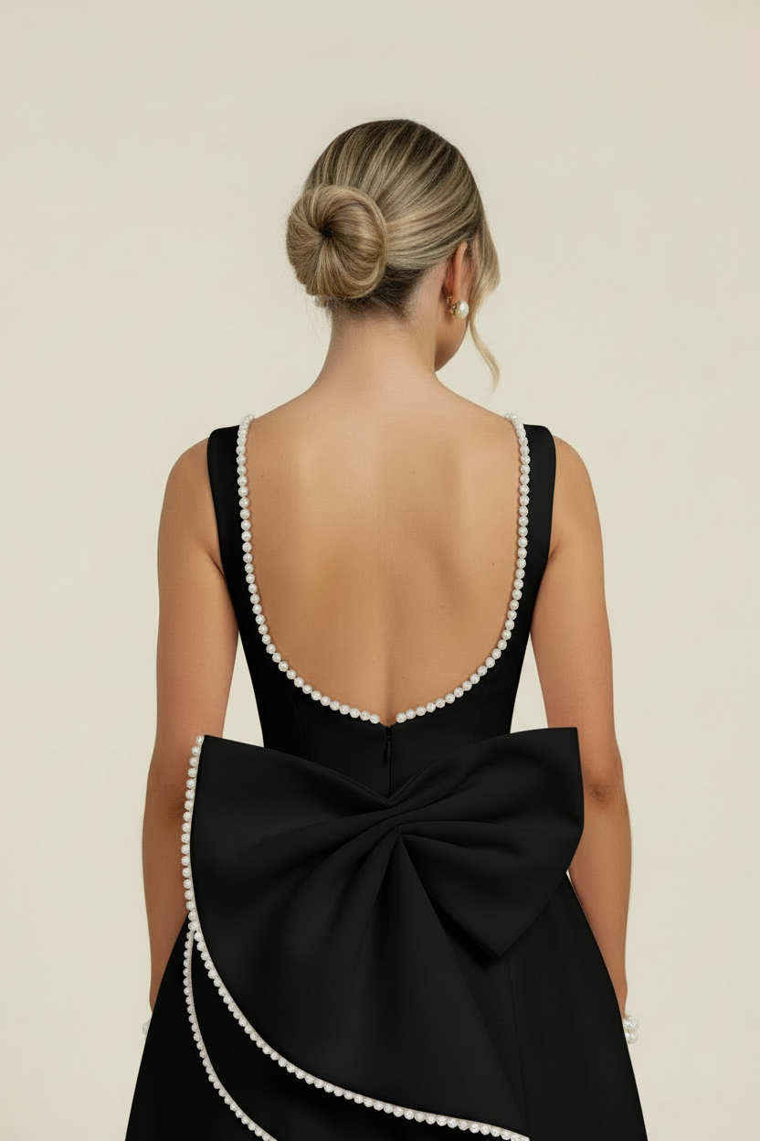 Back view of a black mini dress with a deep scoop back, pearl trim, and a large black bow.