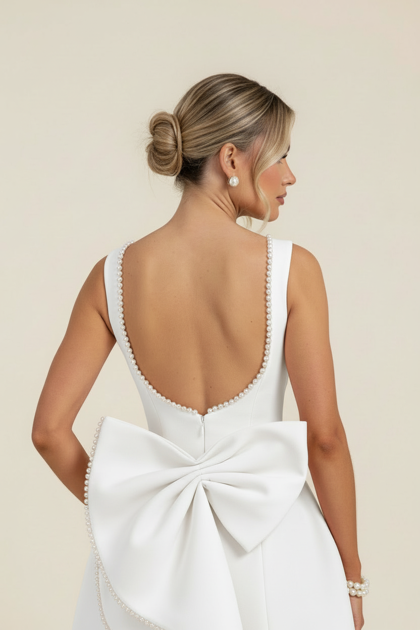 Back view close-up of a white mini dress with a low scoop back, pearl trim, and a large white bow.