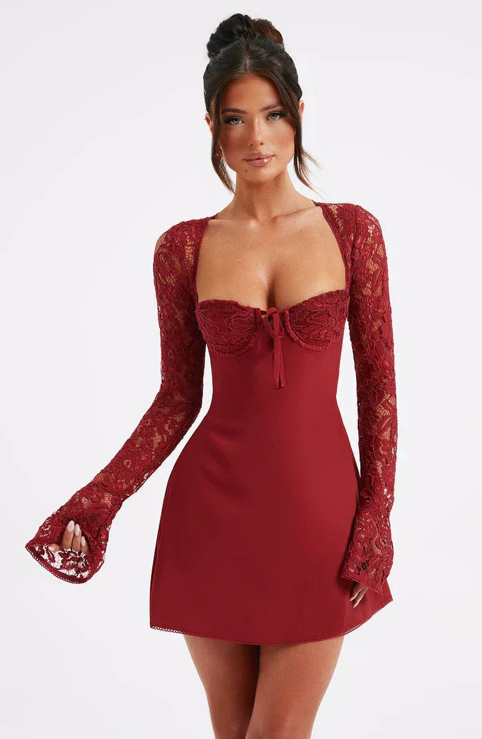 Rich red Gemma Tie Mini Dress with matching red lace long sleeves and a tie-front detail.