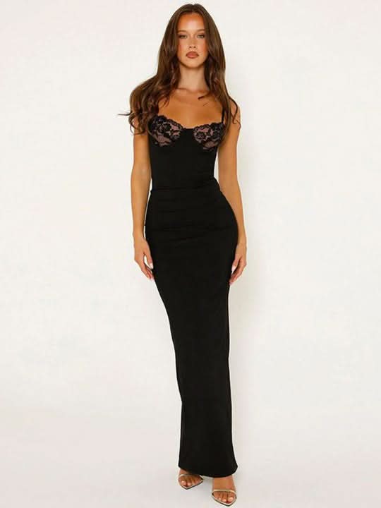 Black lace maxi dress with delicate lace bust and narrow straps for women, full front view