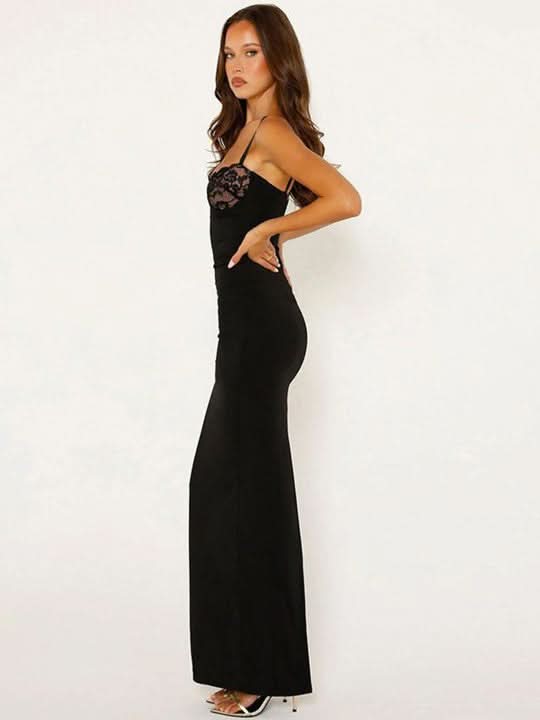 Side view of a black lace-detailed bodycon maxi dress with thin straps for women