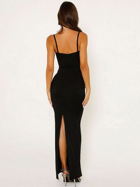 Back view of a black sleeveless maxi dress with a back slit for women