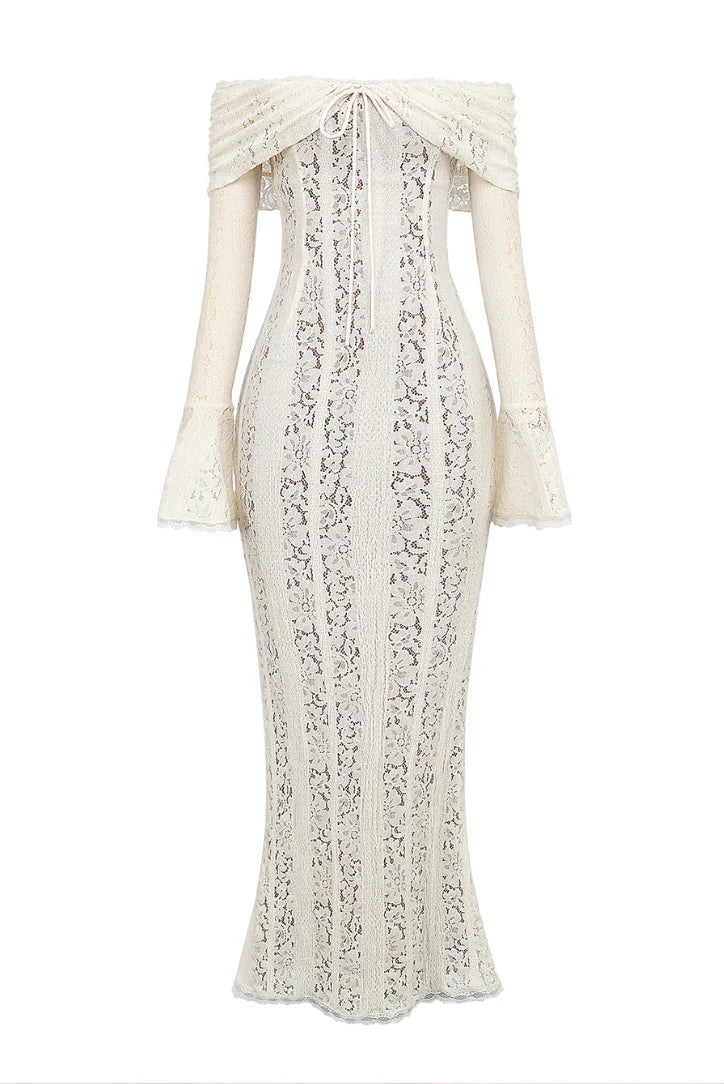 Front studio shot of the white lace maxi dress with off-the-shoulder sleeves and a flattering mermaid silhouette.
