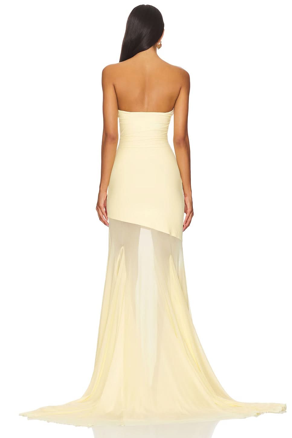 Elegant strapless Giana Mesh Maxi Dress in light yellow with sheer pleated skirt detail and long train.