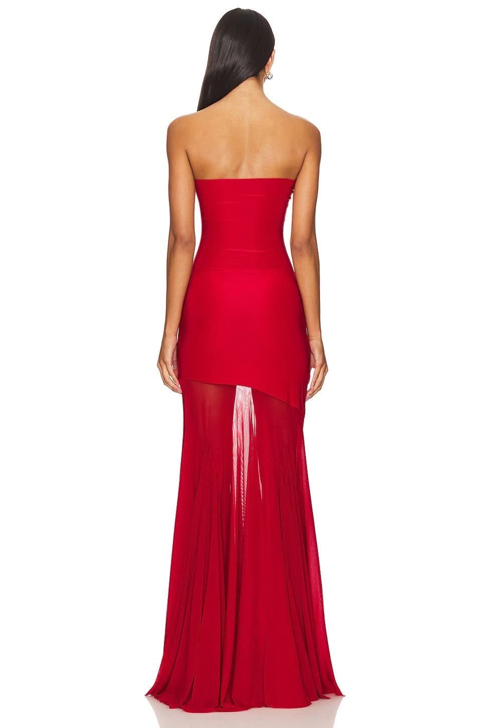 Rear view of a vibrant red strapless Giana Mesh Maxi Dress, featuring a fitted bodice and sheer pleated skirt.