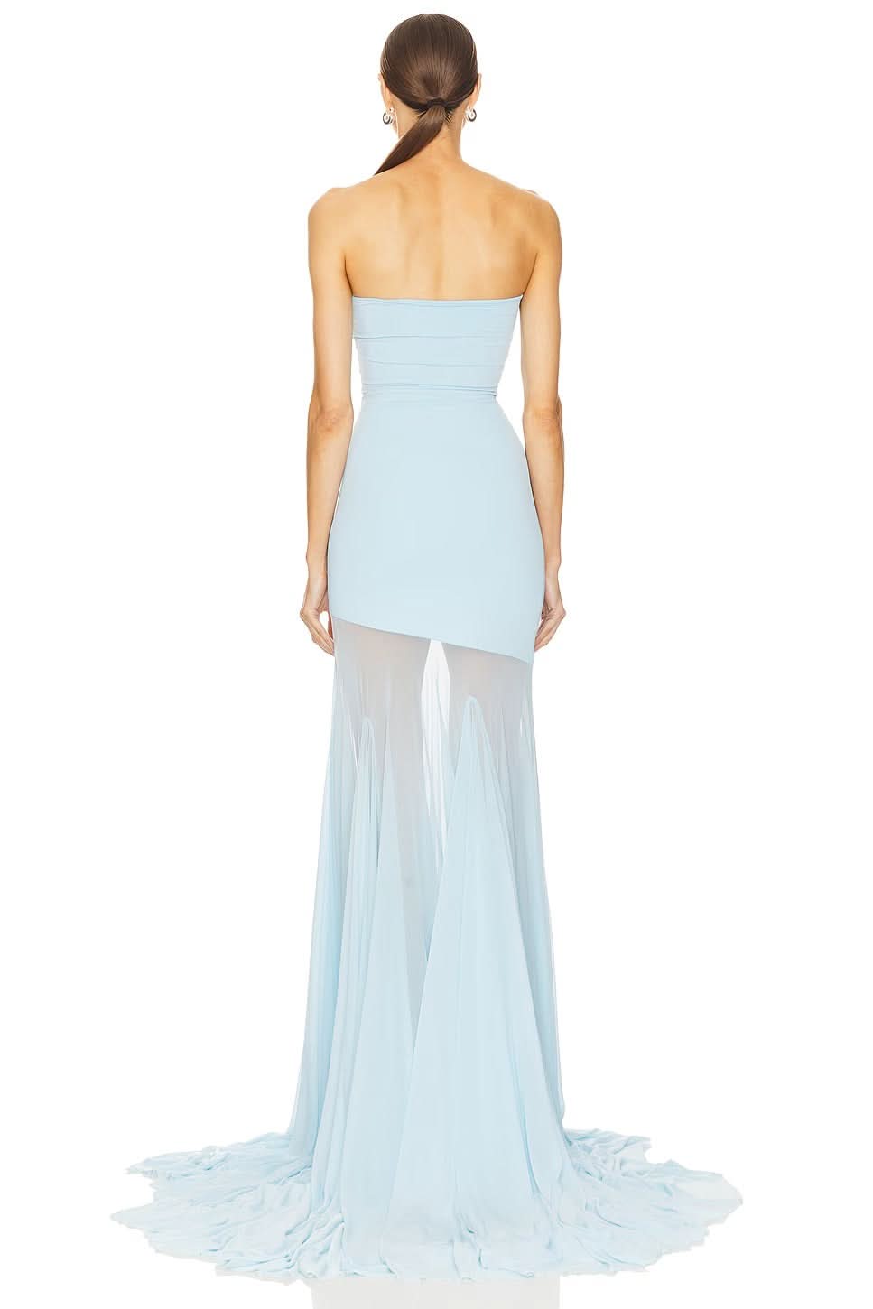 Rear view of a light blue Giana Mesh Maxi Dress, showing the fitted bodice and sheer pleated skirt with a train.