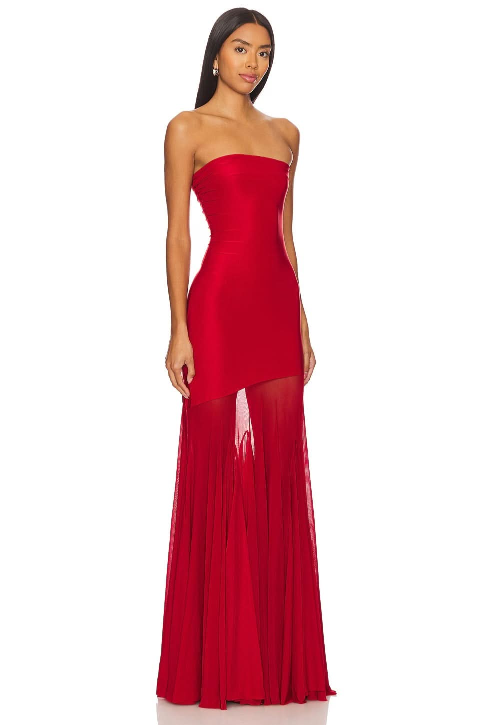 Front view of the Giana Mesh Maxi Dress in a striking red, with a strapless bodice and sheer pleated skirt.
