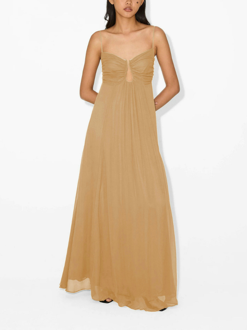 Full-length olive green maxi dress with delicate spaghetti straps and a ruched keyhole bust detail, flowing skirt.