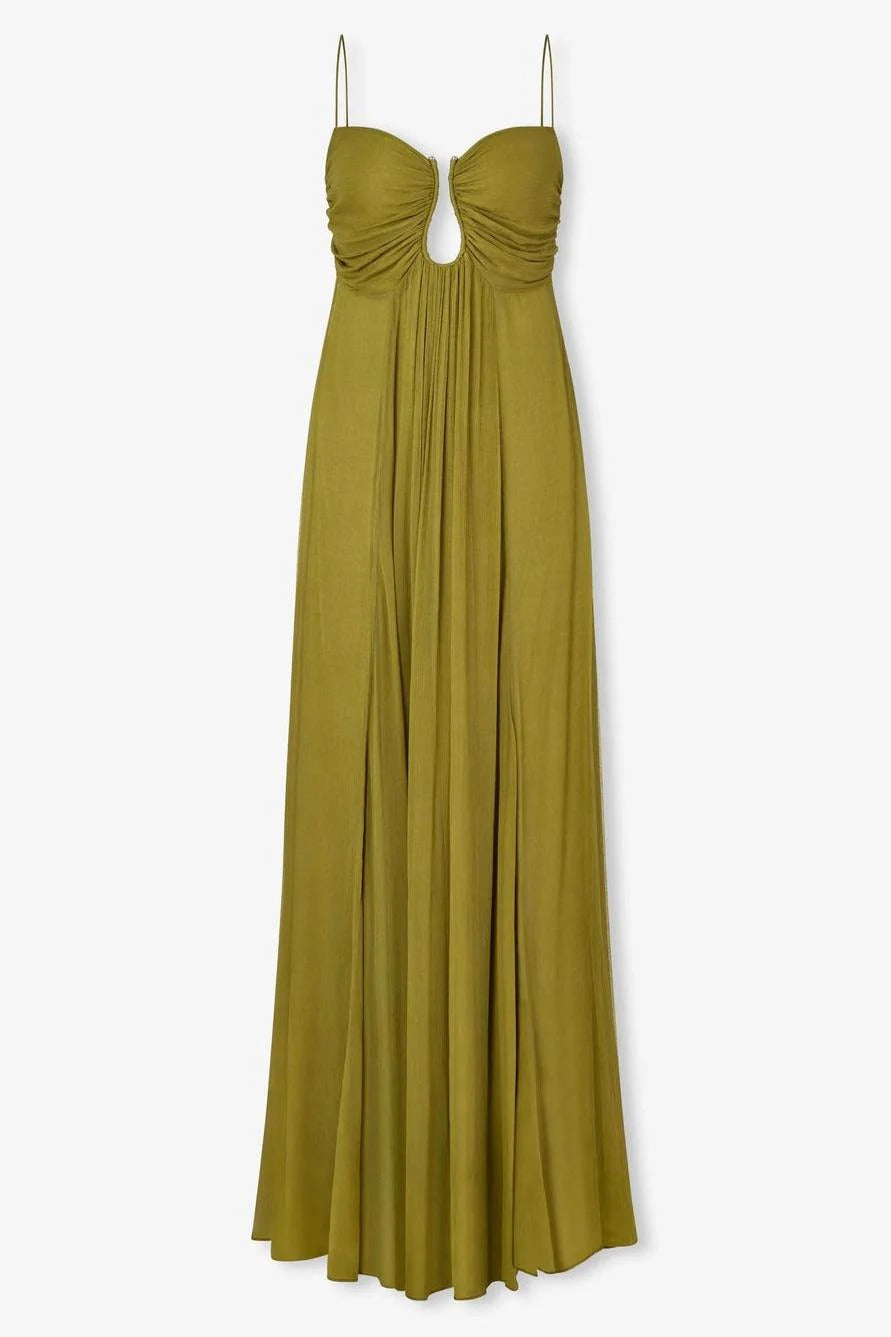 Front view of the olive green Grace Keyhole Maxi Dress, showcasing the full length and keyhole cutout detail.