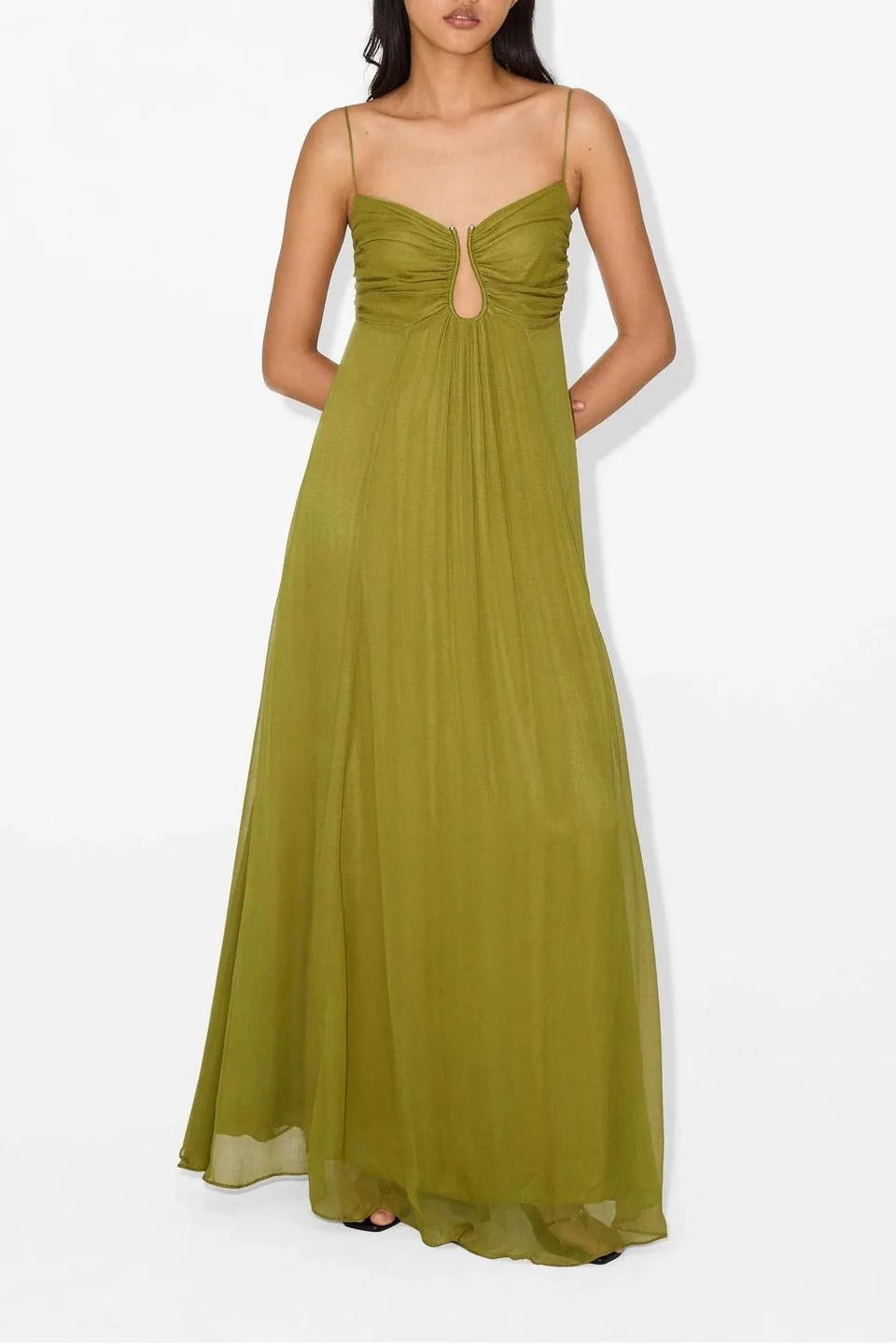 Full-length olive green maxi dress with delicate spaghetti straps and a ruched keyhole bust detail, flowing skirt.