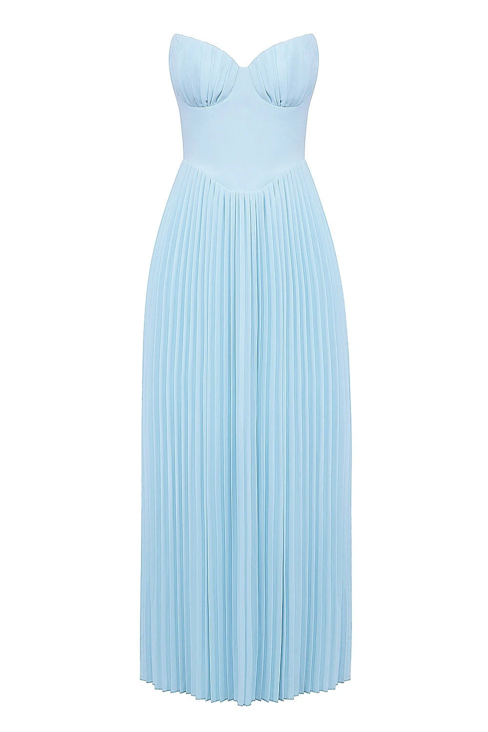 Front view of the Hannah Pleated Maxi Dress in light blue, showing the structured sweetheart bodice and full pleats.