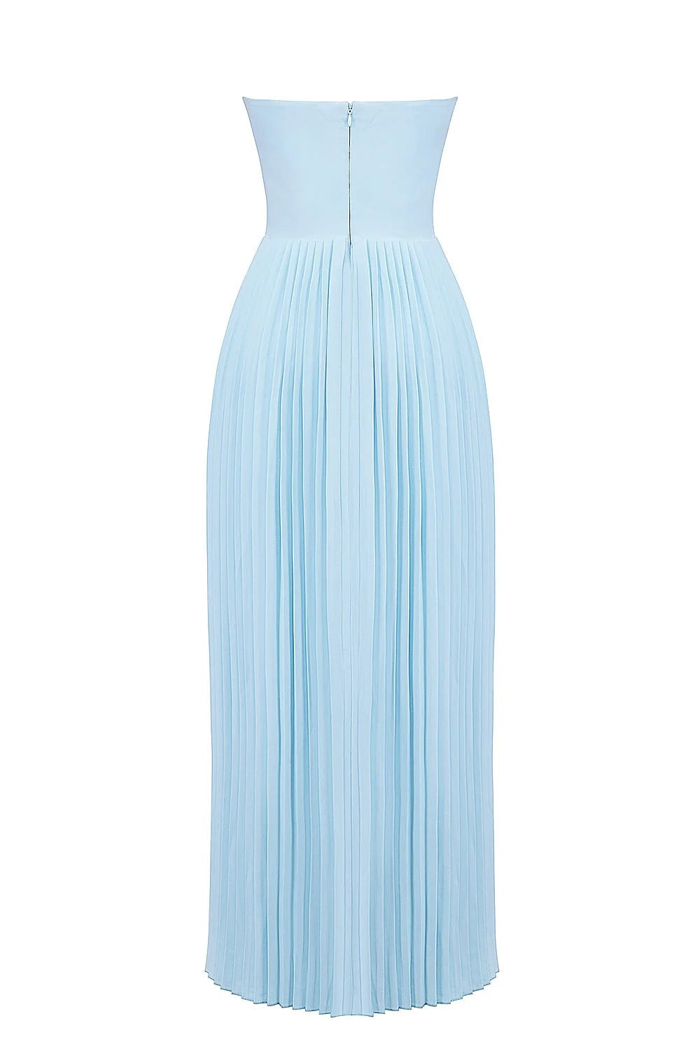 Back view of the light blue Hannah Pleated Maxi Dress, highlighting the smooth back and continuous pleats.